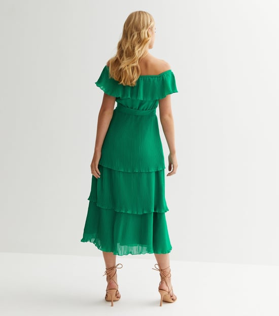 Vestido Midaxi Bardot Plisado con Capas Verde - Image 4