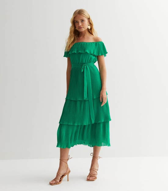 Vestido Midaxi Bardot Plisado con Capas Verde - Image 3