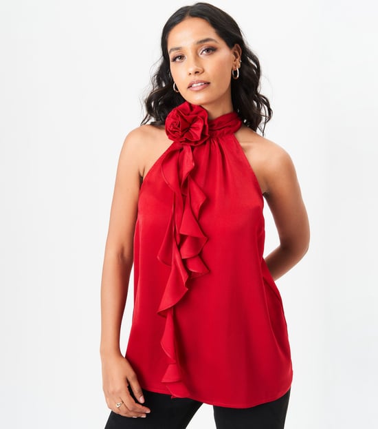 Corsé rojo con volante y cuello halter - Image 1