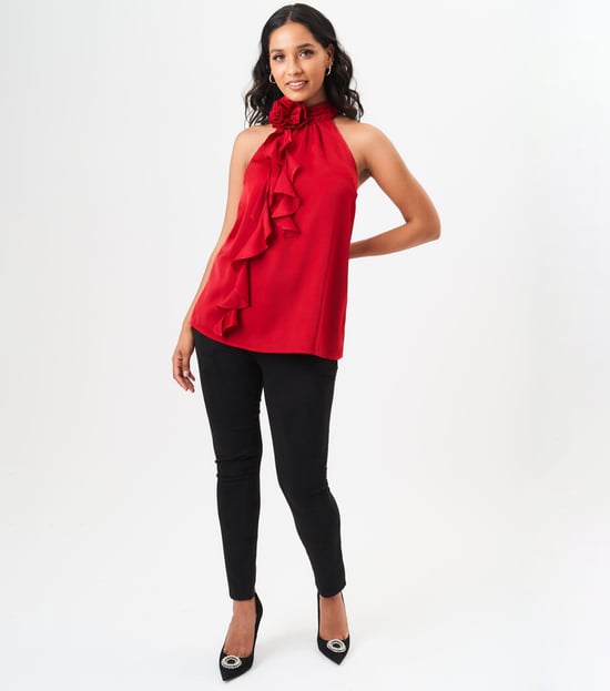 Corsé rojo con volante y cuello halter - Image 3