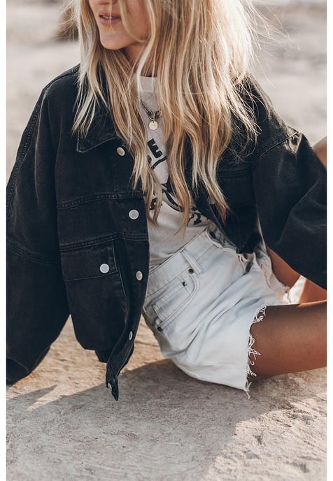 Chaqueta de denim con solapas y bolsillos de botón de metal negro  - Image 2