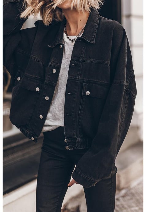 Chaqueta de denim con solapas y bolsillos de botón de metal negro  - Image 6