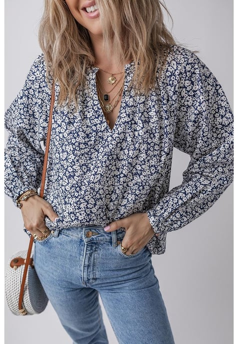 Blusa de Manga Abullonada con Escote en V y Estampado Floral Azul - Image 1