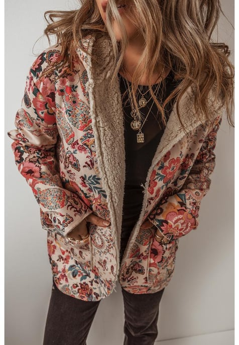 Chaqueta con capucha forrada de sherpa de paisley floral vintage en beige de - Image 6