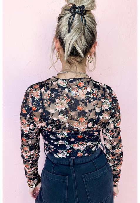 Top de Manga Larga Sheer de Red Floral Negra - Image 3