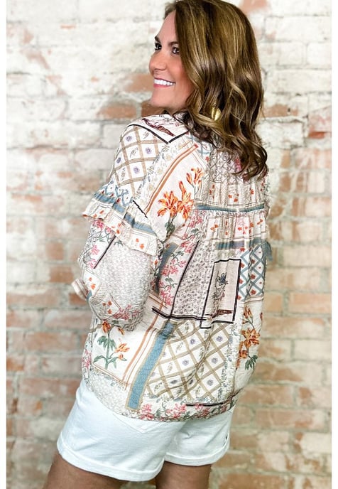 Blusa de Cuello Atado con Mangas Voladas y Parche Floral Boho Multicolor - Image 2