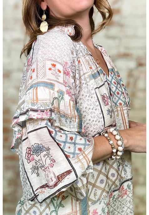 Blusa de Cuello Atado con Mangas Voladas y Parche Floral Boho Multicolor - Image 5