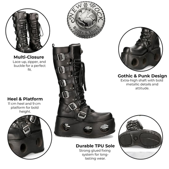 Botas góticas de cuero negro metalizado hasta la rodilla M-272-S2 Neptuno de New Rock - Image 2