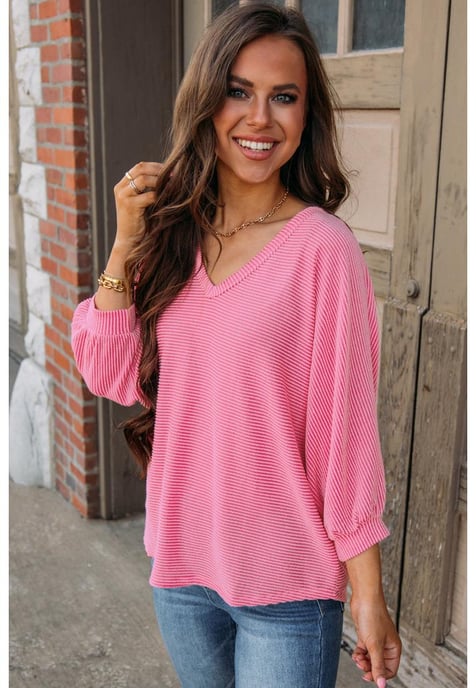 Top de Cuello en V con Mangas de Pulsera y Estampado de Rayas Rosadas de Fresa - Image 4