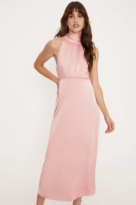 Satin Halter Neck Midi Bridesmaids Dress - Image 2