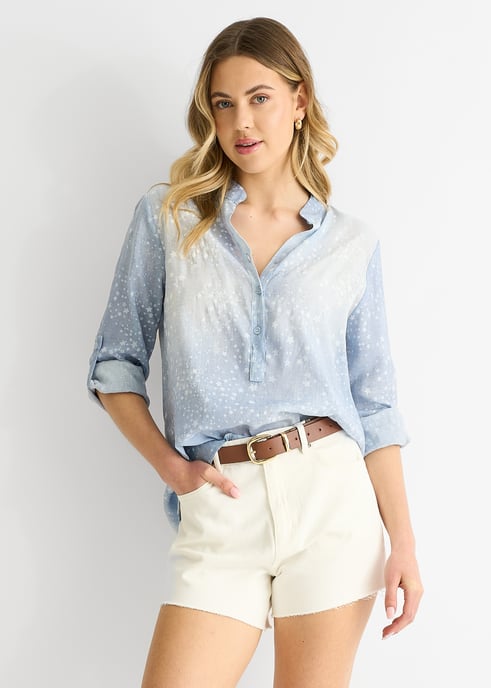 Top oversize con mangas remangables en tejido vaquero azul - Image 1