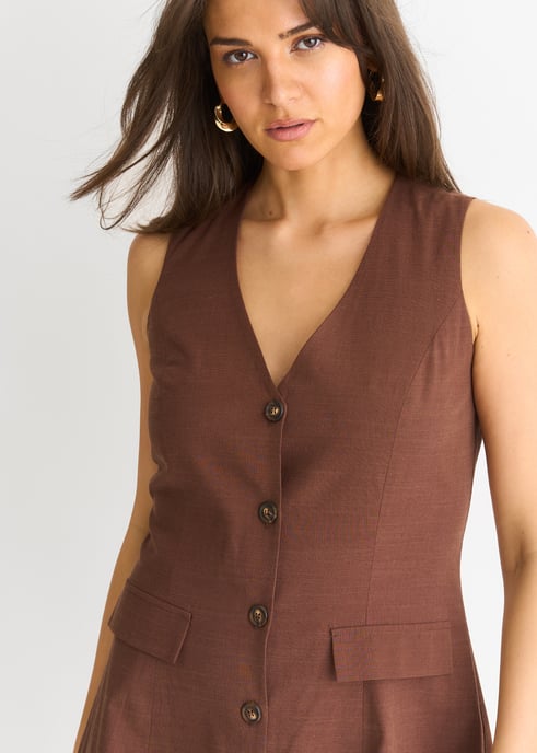 Mini Vestido Camisero de Lino Chocolate con Botones - Image 3