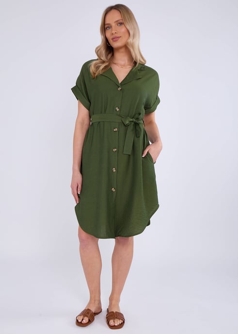Vestido camisero caqui con cinturón de viscosa de gran tamaño - Image 4