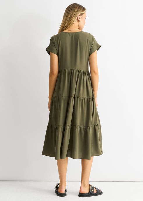 Vestido midi caqui con bolsillo y cuello en V - Image 2
