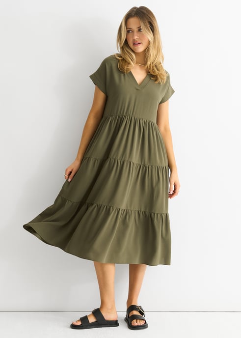 Vestido midi caqui con bolsillo y cuello en V - Image 4