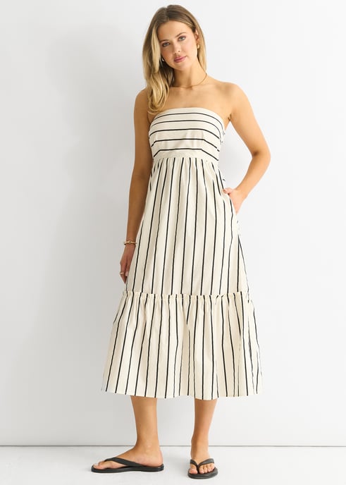 Vestido Bardot Smock Midi de algodón a rayas - Image 1