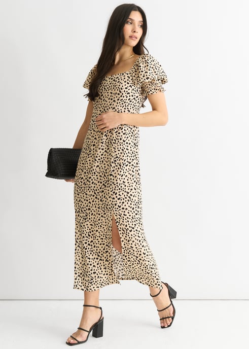 Vestido midi de viscosa con estampado animal beige dividido - Image 4