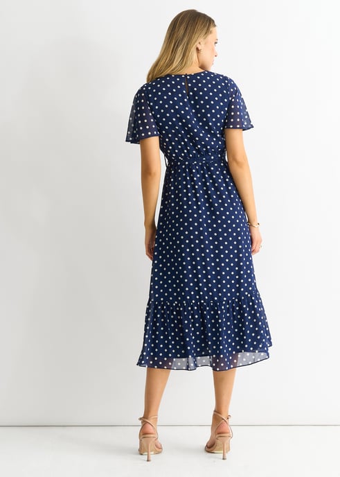 Vestido midi de gasa con mangas de ángel y lunares azul marino - Image 2