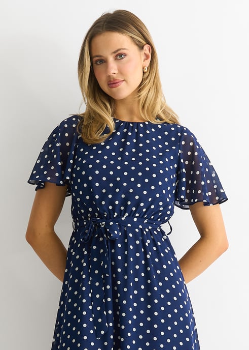 Vestido midi de gasa con mangas de ángel y lunares azul marino - Image 3