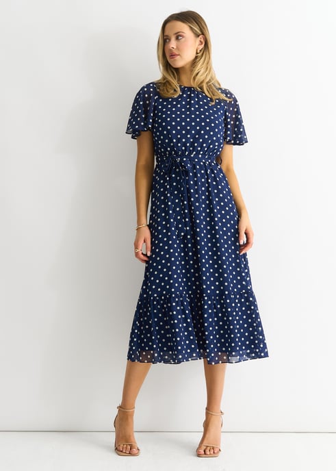 Vestido midi de gasa con mangas de ángel y lunares azul marino - Image 4
