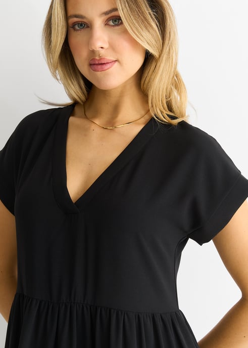 Cuello en V Negro Bolsillo Smock Vestido Midi - Image 3