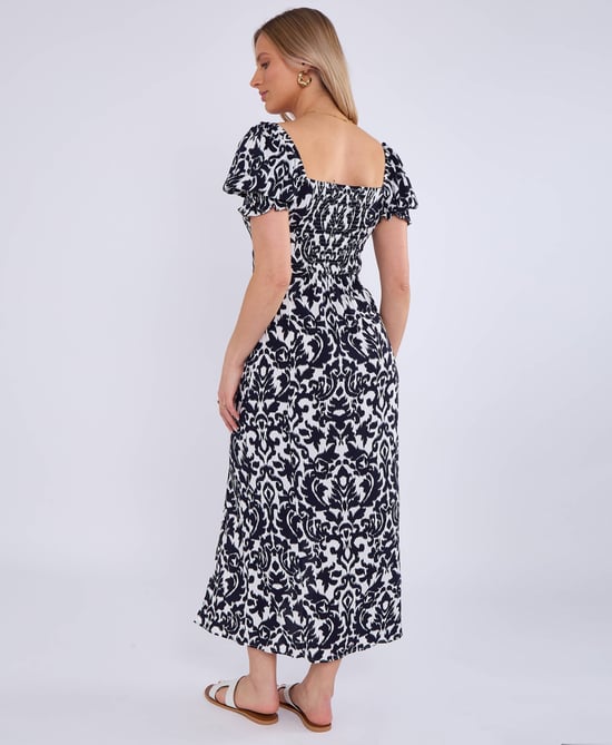 Vestido midi azul marino de viscosa con mangas abullonadas divididas - Image 2