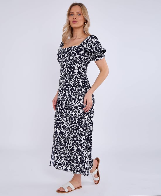 Vestido midi azul marino de viscosa con mangas abullonadas divididas - Image 4