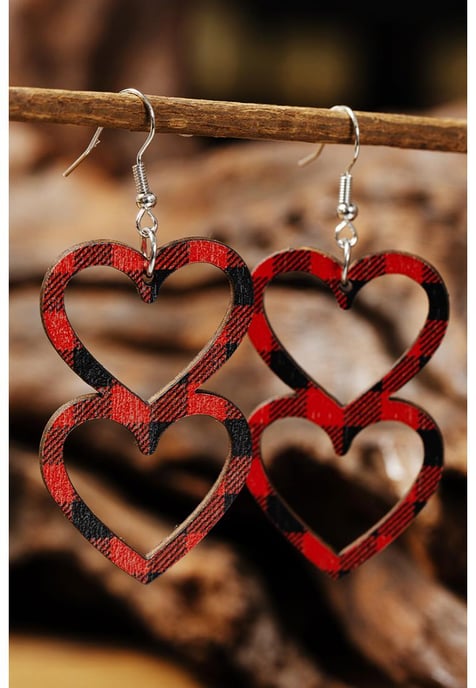 Pendientes de Madera Doble Corazón Amor en Cuadros de San Valentín Rojo Fuego - Image 1