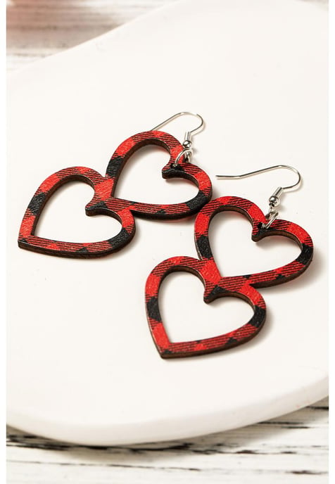 Pendientes de Madera Doble Corazón Amor en Cuadros de San Valentín Rojo Fuego - Image 2