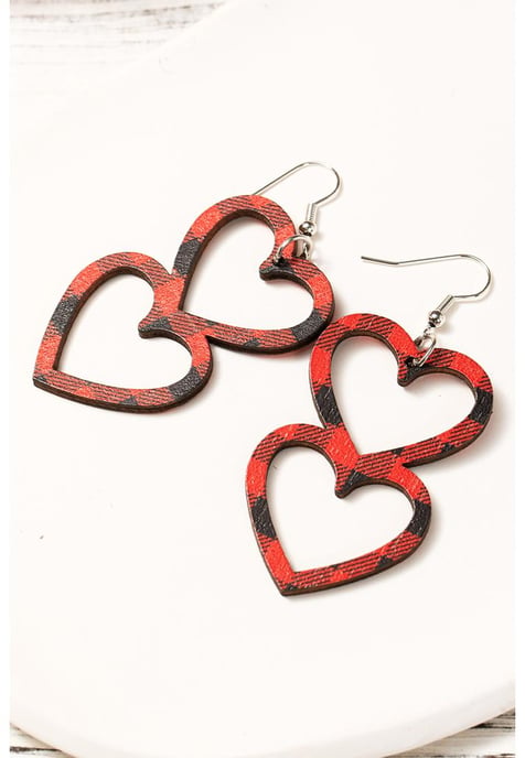 Pendientes de Madera Doble Corazón Amor en Cuadros de San Valentín Rojo Fuego - Image 4