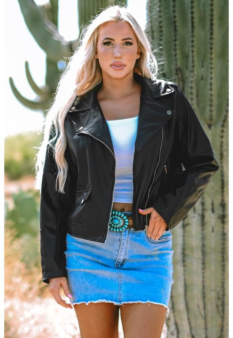 Chaqueta con cremallera de piel sintética negra y cuello de solapa - Image 1