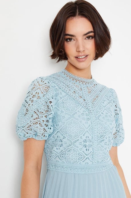 Lace Puff Sleeve Pleated Midi Dress - Image 2