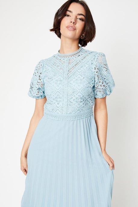Lace Puff Sleeve Pleated Midi Dress - Image 4