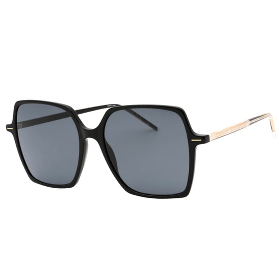 Hugo Boss gafas de sol negras con lentes grises y patillas doradas - Image 2