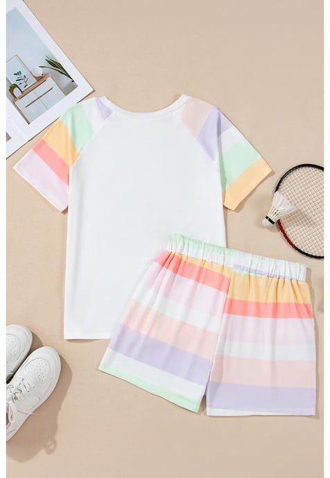 Conjunto de Camiseta y Pantalones Cortos de Rayas Arcoíris Blancas - Image 5