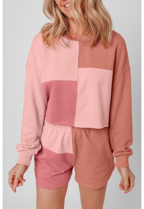 Conjunto de manga larga con estampado en bloques de color y pantalones cortos de flor de durazno - Image 2