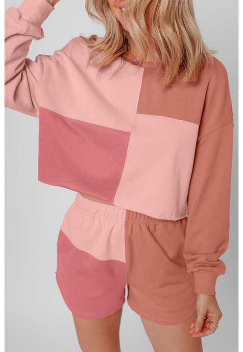Conjunto de manga larga con estampado en bloques de color y pantalones cortos de flor de durazno - Image 3