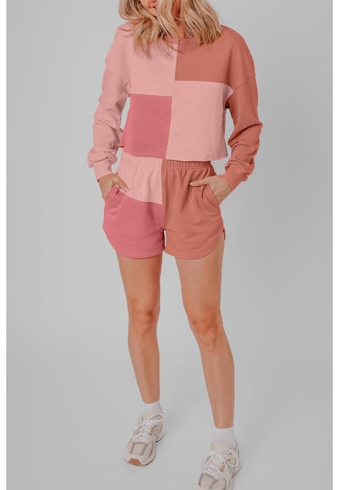 Conjunto de manga larga con estampado en bloques de color y pantalones cortos de flor de durazno - Image 4