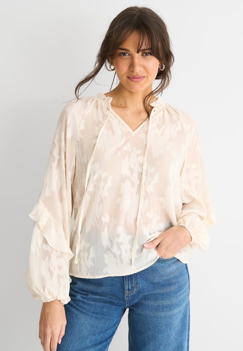 Blusa de manga larga en jacquard floral crema - Image 2