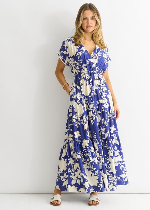 Maxivestido floral azul con cintura elástica - Image 1