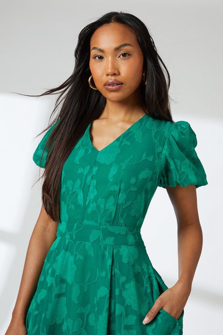 Green Floral Jacquard Puff Sleeve Midi Dress - Image 2