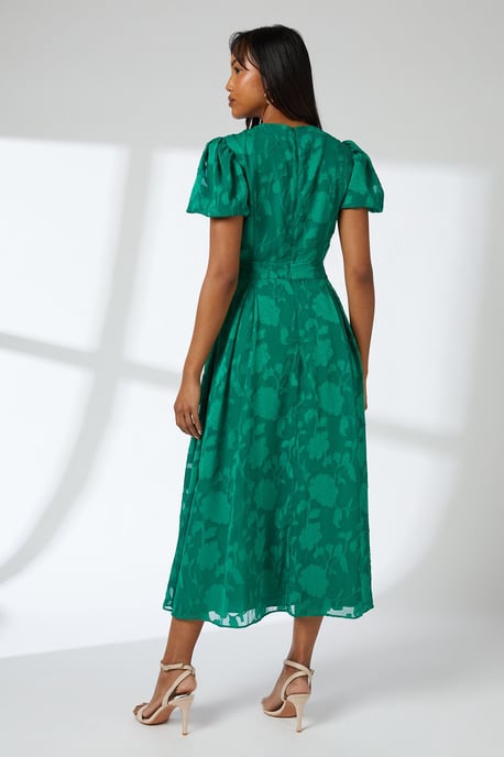 Green Floral Jacquard Puff Sleeve Midi Dress - Image 3