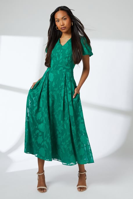 Green Floral Jacquard Puff Sleeve Midi Dress - Image 4
