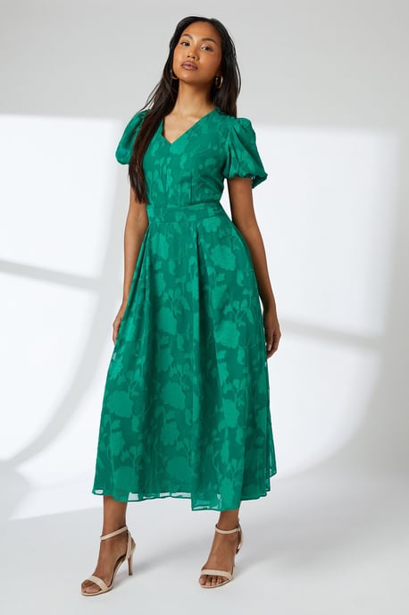 Green Floral Jacquard Puff Sleeve Midi Dress - Image 5