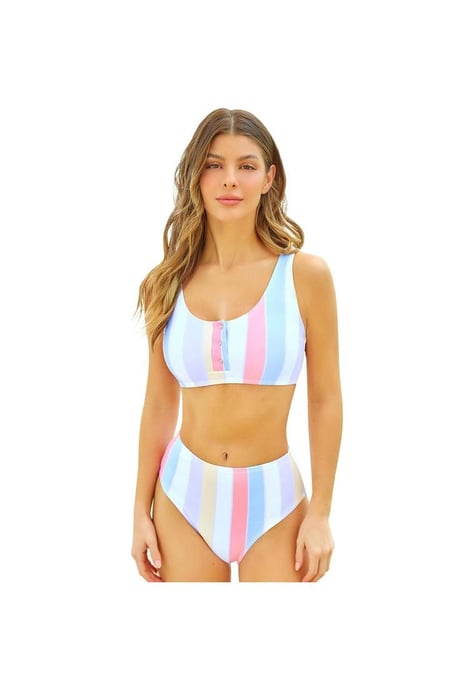Conjunto De Bikini De Rayas De Cintura Alta Para Mujer Bikini De Rayas Pastel - Traje De Bano De Cintura Alta Conjunto De Bikini Delantero Con Botones Multicolor Para Mujer - Image 3