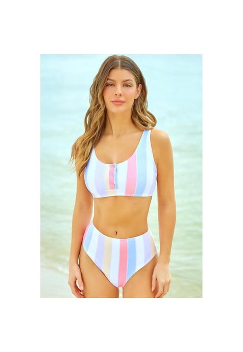 Conjunto De Bikini De Rayas De Cintura Alta Para Mujer Bikini De Rayas Pastel - Traje De Bano De Cintura Alta Conjunto De Bikini Delantero Con Botones Multicolor Para Mujer - Image 4