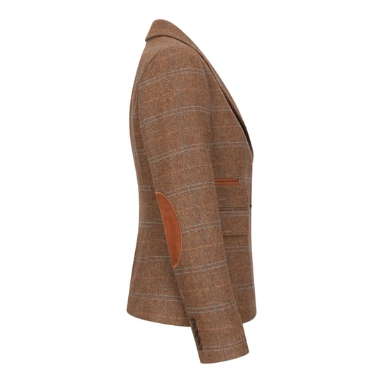 Blazer de tweed entallado en marrón roble para mujer con cuadros de espiga - Image 3