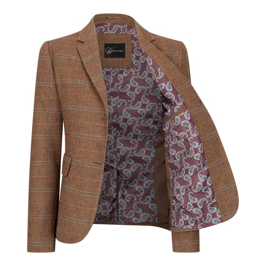Blazer de tweed entallado en marrón roble para mujer con cuadros de espiga - Image 6
