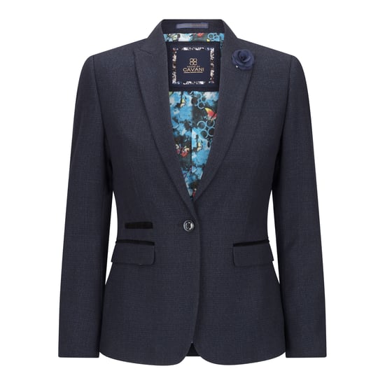 Chaqueta blazer de lana a cuadros azul marino de tweed de corte entallado para mujer - Image 1
