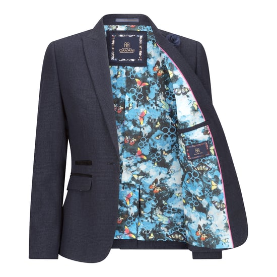 Chaqueta blazer de lana a cuadros azul marino de tweed de corte entallado para mujer - Image 3